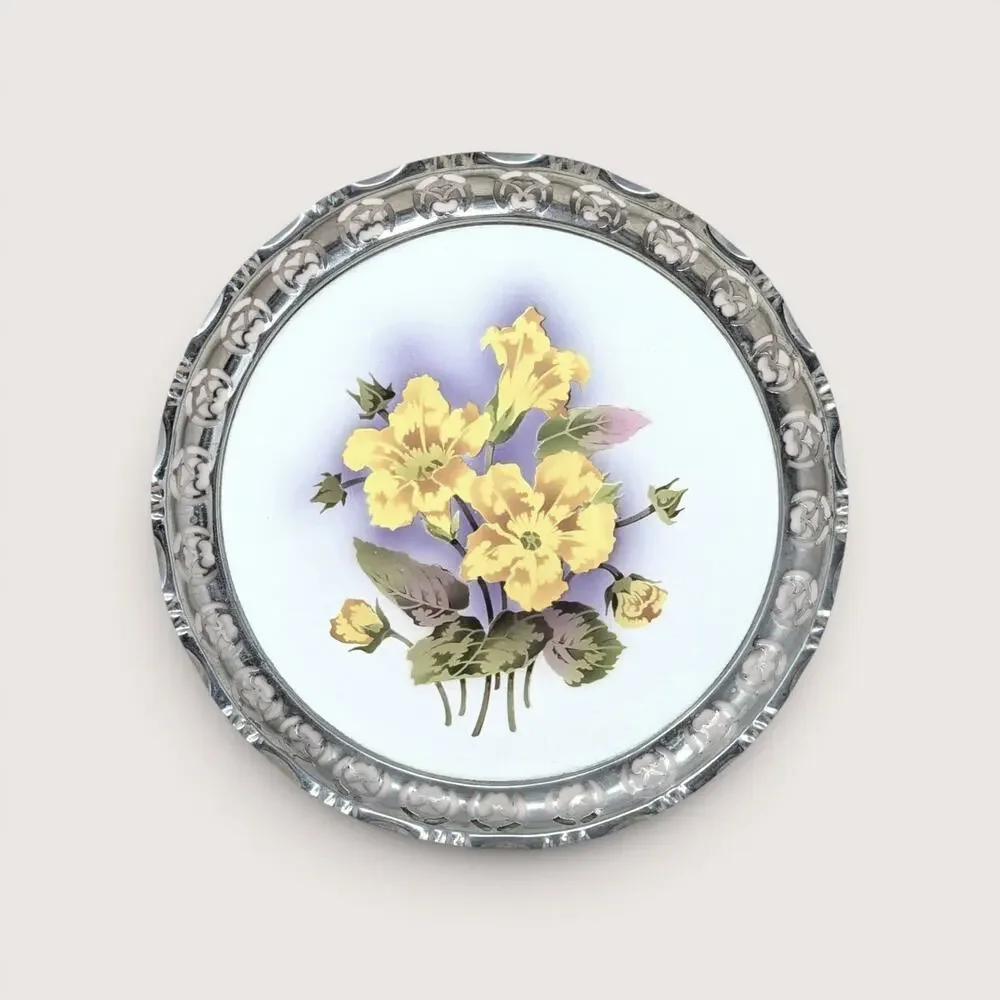 Vintage BMF Germany Floral Porcelain Serving Tray With Filigree Metal Edge